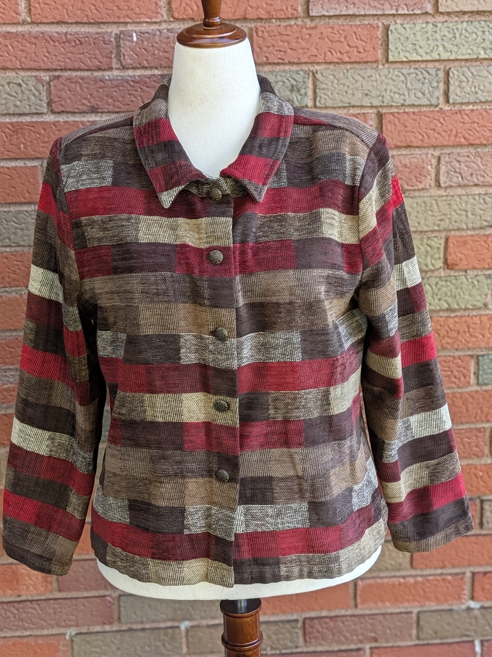 Christopher & Banks Red, Brown, Cream Striped Button-Front Shirt Jacket